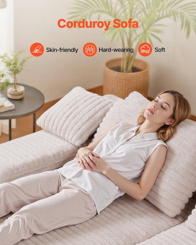 Chaise Longue Double Surdimensionnée 210 cm, Canapé Modulable en Velours Côtelé, Canapé Loveseat Confortable à Assise Profonde avec Coussins Souples et Coussins Décoratifs pour Salon