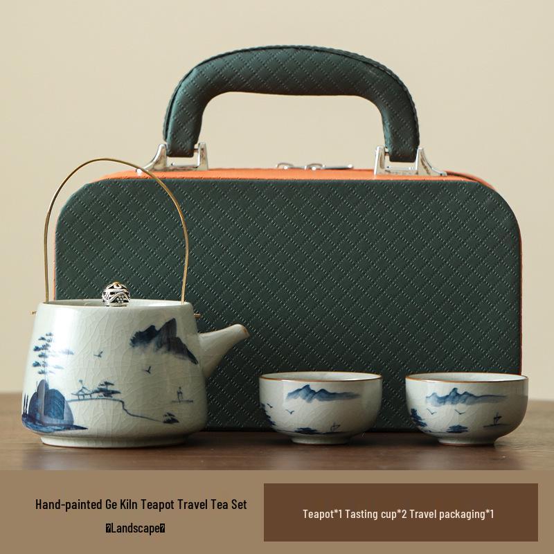 Hand-Painted Ge Kiln Ceramic Kung Fu Tea Set: Teapot & Two Cups Portable Set