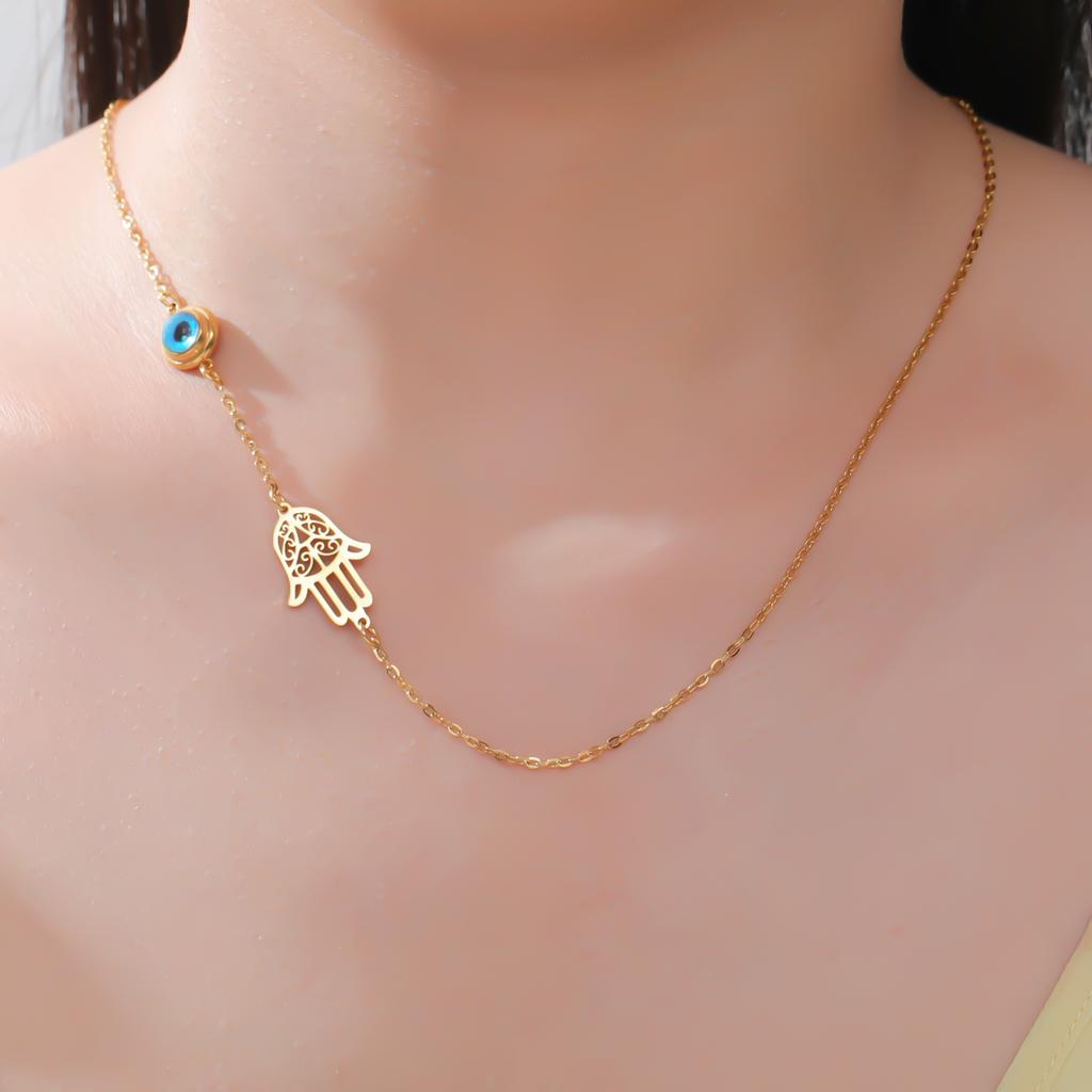 My Shape Turkish Hamsa Evil Eye Necklaces Stainless Steel Hollow Fatima Hand Chain Choker Fashion Lucky Jewelry Accessories Gift