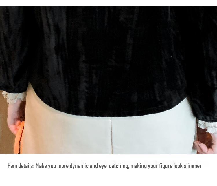 Women's Gold Velvet Lace Top - Stylish Spring/Autumn/Winter 2024