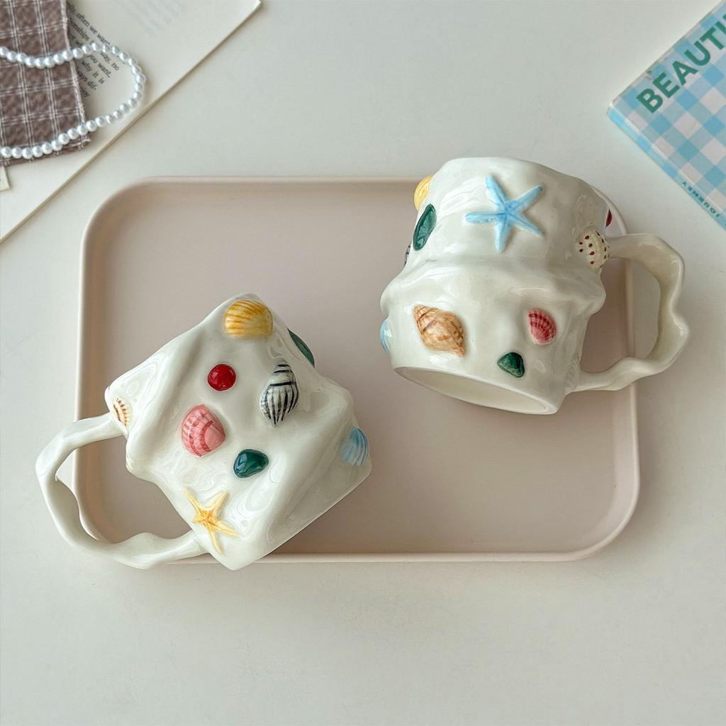 Cute Shell Conch Ceramic Cup Retro Ceramic Coffee Cup Dish Handmade Irregular Cup Dish with Handle Mug MilkKitchen Accessory