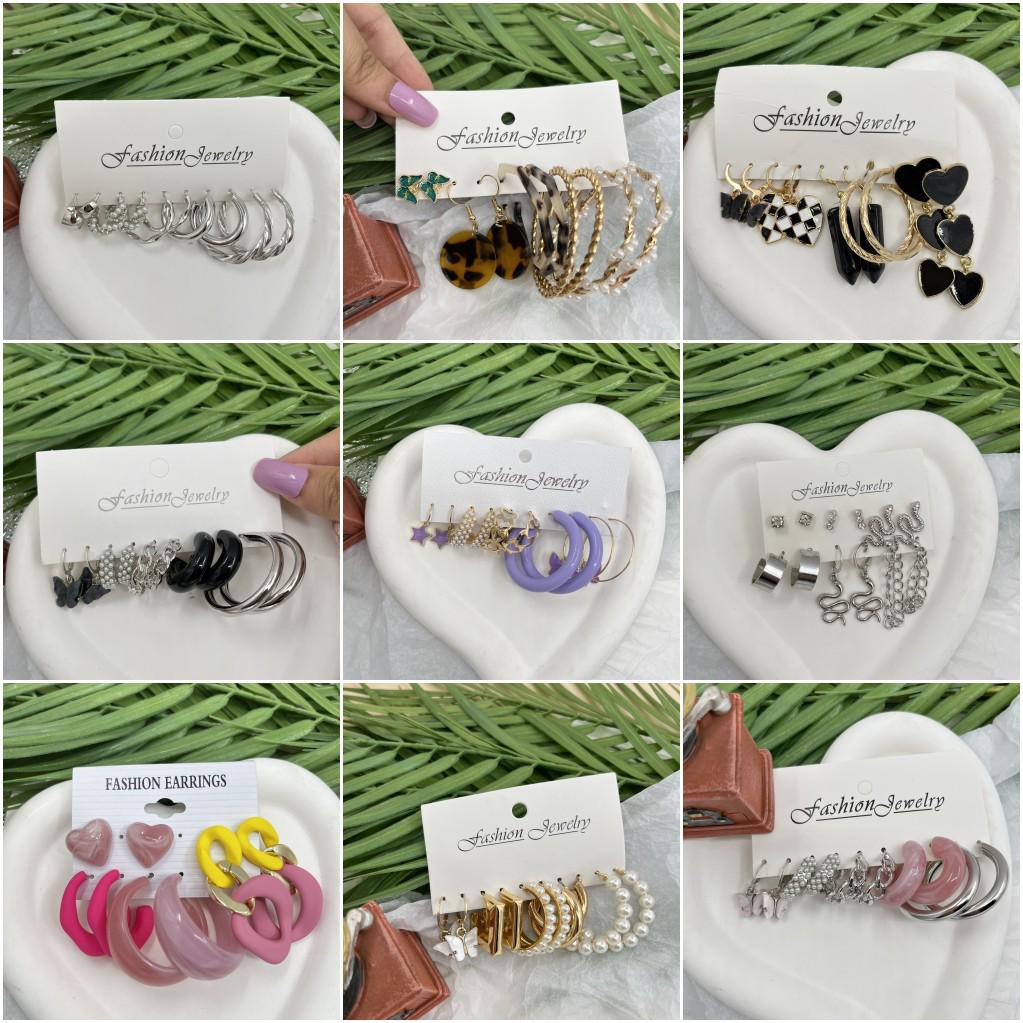 French Retro Pearl Circle Stud Earring Set - 6 Pieces for Women