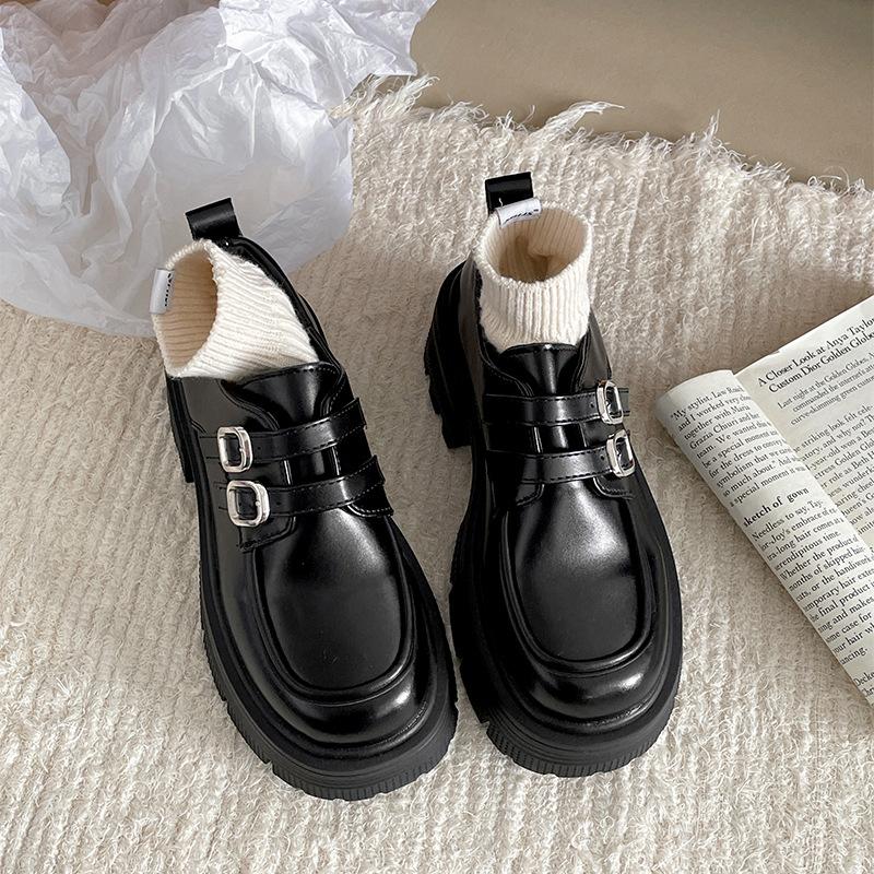 

Туфли женские кожаные на толстом каблуке и платформе в британском стиле, черные, французские, ретро, новые, осенние, 2025, универсальные, с круглым носком, одинарные 39