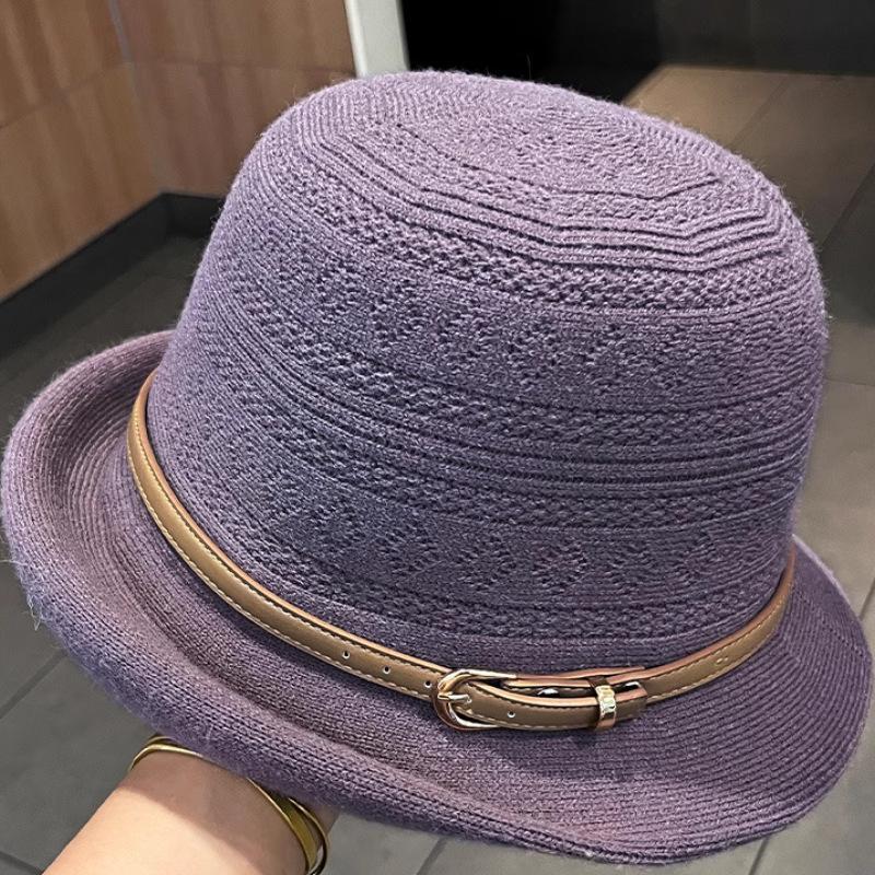 Autumn and winter new knitted basin hat women's elegant top hat upturned along the big head circumference showing the face small belt decorative bucke