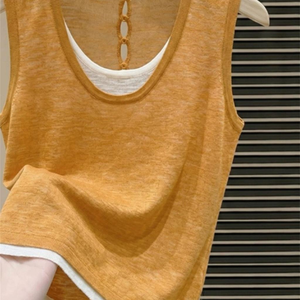 Dopamine Orange Beautiful Design Sense Fake Two Pieces Knitted Small Suspenders Women's Summer Wear Ice Silk Top Vest
