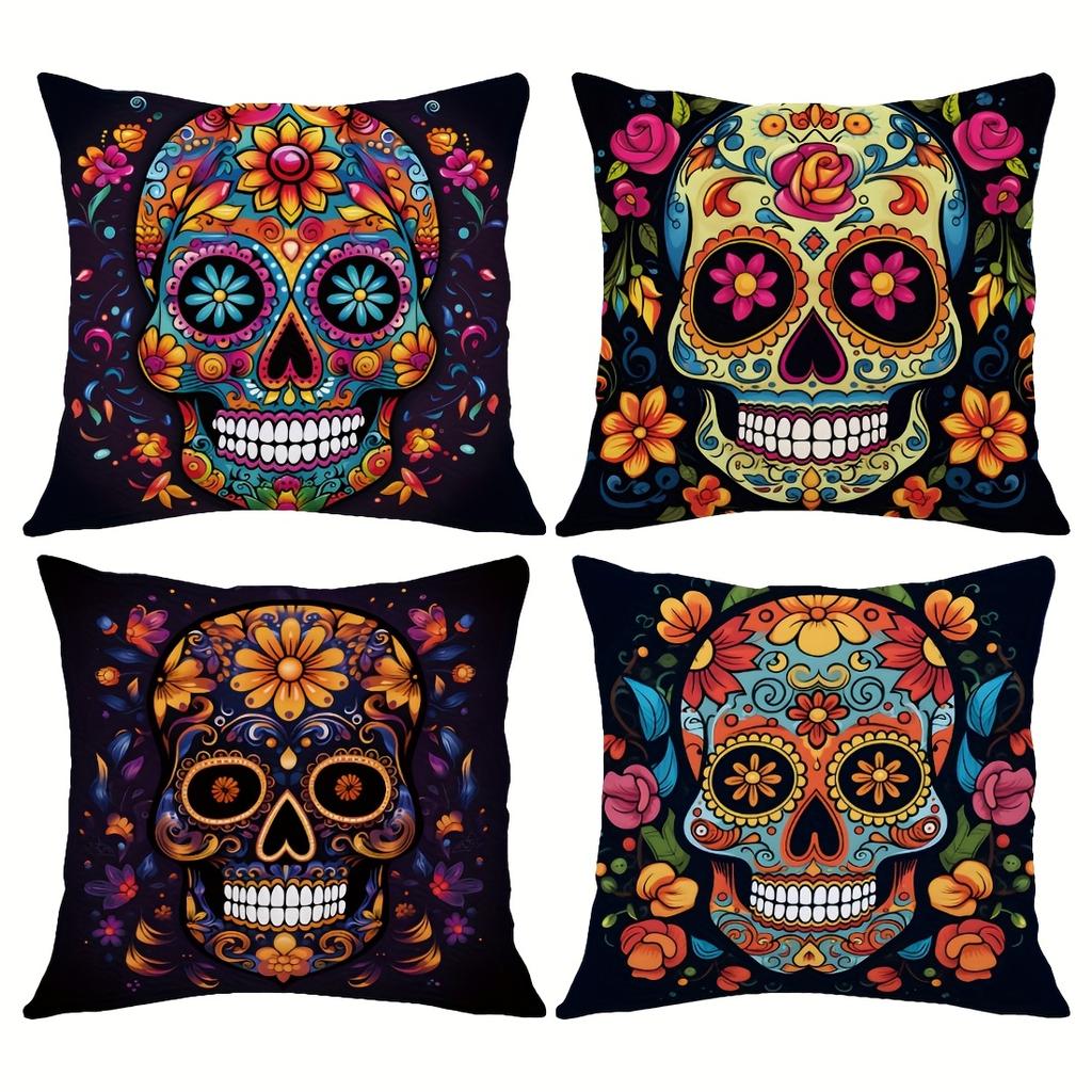 4Pcs Halloween Linen Cushion Cover Trick or Treat Theme Pillowcase Floral Skull Pillow Cover Halloween Party Decoration 2025