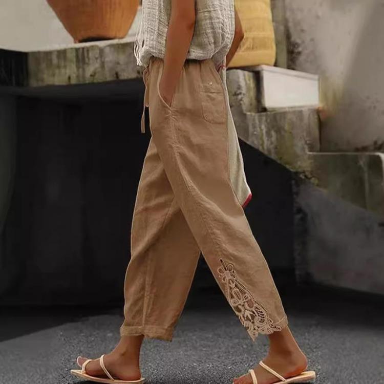 White Casual Pants for Women Loose Fit Elastic Waist Breathable Summer Trousers with Side Cutout Design Multiple Colors