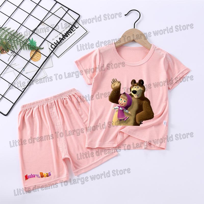 Mashas Bears Pajamas Set Girls Boys Short Sleeve T-shirt Pants Loungewear Summer Thin Nighty Clothing Tee Shorts Breathable Suit