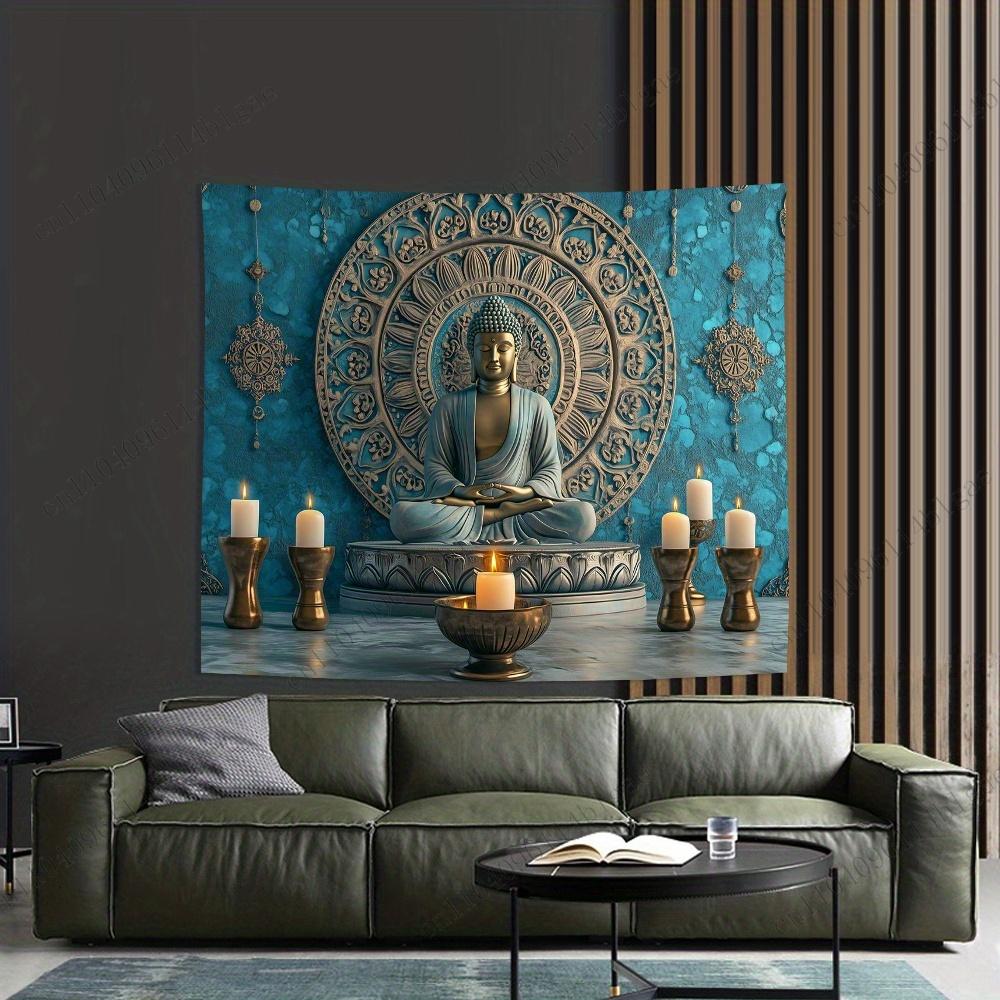 Serene Buddha Statue In Meditation Pose Wall Tapestry Eastern Inspired Art Add a Touch of Zen To Your Space Printed Tapestry