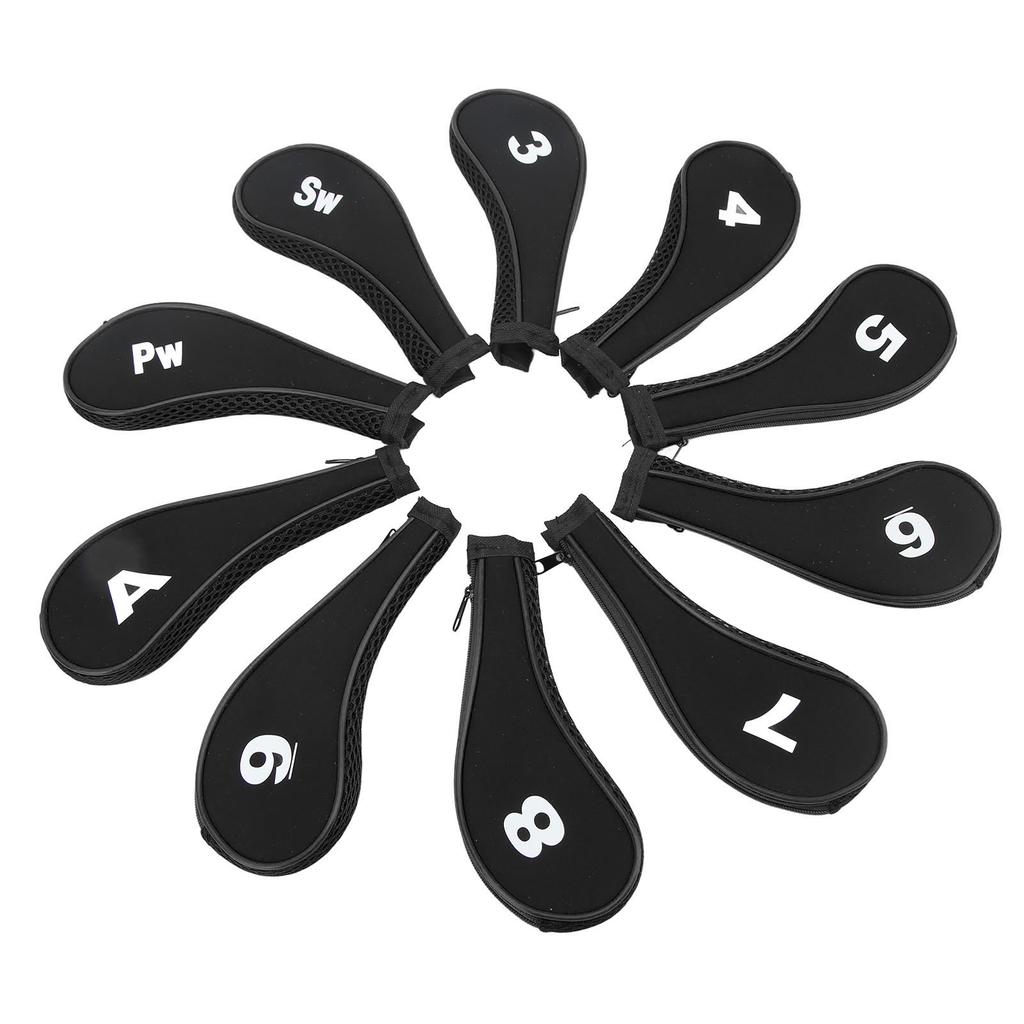 10 PCS Golf Club Head Covers Golf Iron Pole Zipper Hat Cover Club Protective Covers Black