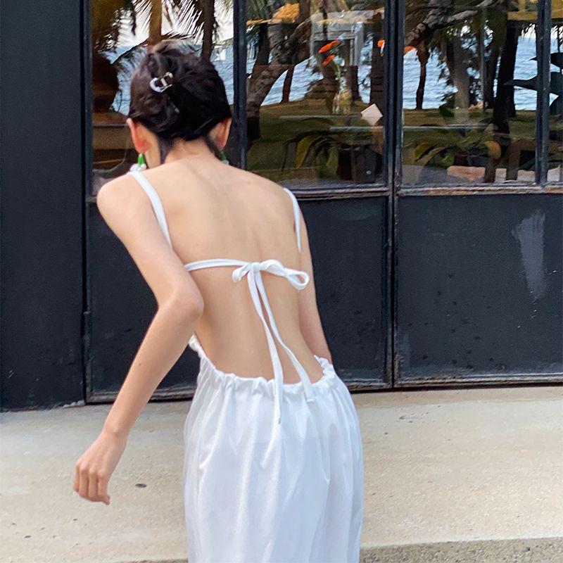 Hainan Travel Wear White Suspender Dress Sexy Backless Seaside Vacation Beach Dress Autumn and Winter Super Fairy