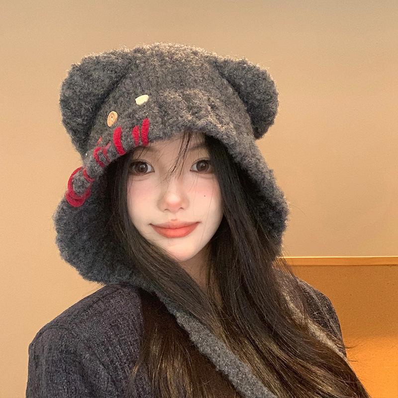 Sweet and Cute Button Bear Ear Hat for Women In Autumn and Winter To Keep Warm and Protect Against Cold Face Promoting Small Ear Protection Woolen Hat