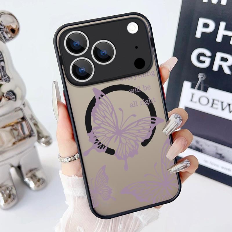 Magnetic Butterfly Pattern Phone Case For iPhone 17 15 16 Pro Max 14 13 Pro 17 For Magsafe Wireless Charge Soft Edge Hard Cover