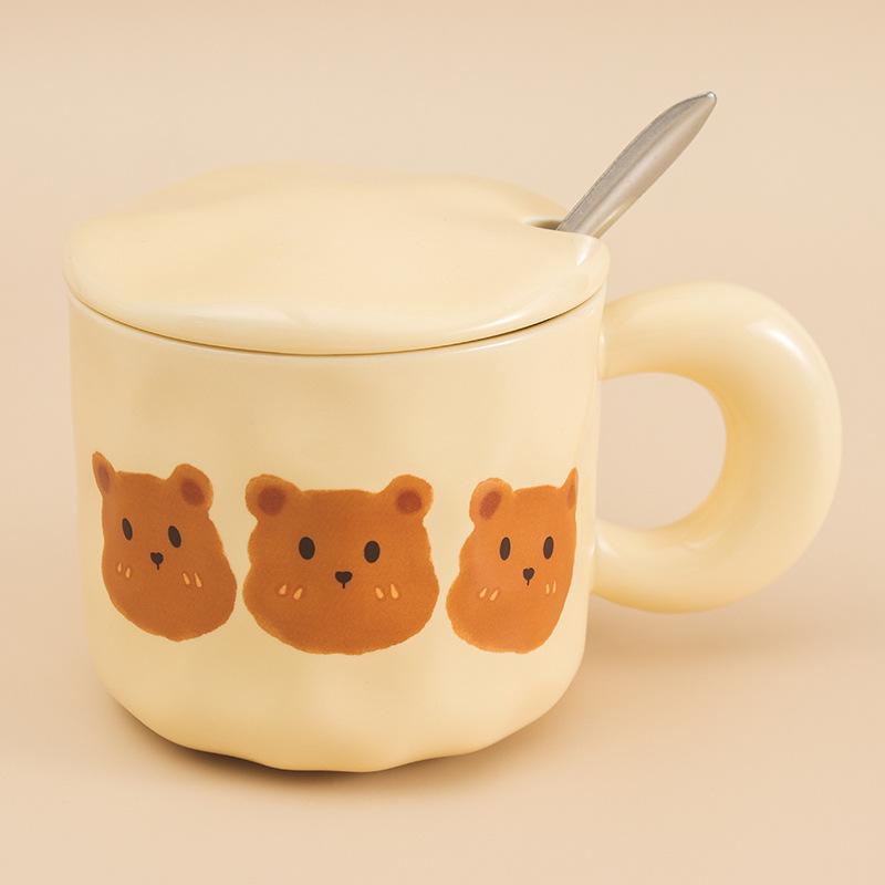 Korean Retro Bear Mug with Lid Spoon High Value Girl Couple Ceramic Cup Office Drinking Water Coffee Cup