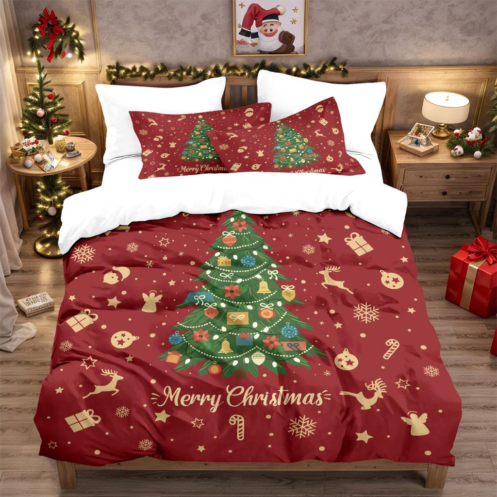 3pcs Red Christmas Tree Printed Coreless Duvet Set In Various Sizes, Soft Bedroom and Dormitory Decorations, Machine Washable