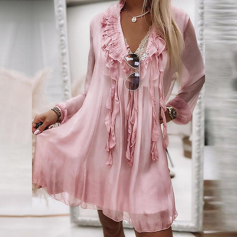 Jaro Léto Dámská Móda Síťované Společenské Šaty Elegantní Dlouhý Rukáv Volné Šifonové Šaty Sexy V Výstřih Volánky Dámské Plážové Mini Šaty