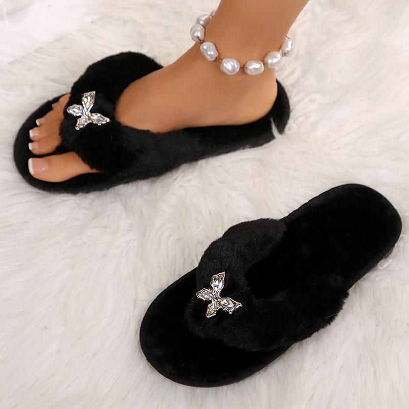 Fashion Retro Flower Detor Fur Flip Flops Women Comfort Faux Fur Warm Plush Slippers Woman Soft Slip On Light Cotton Slides Female