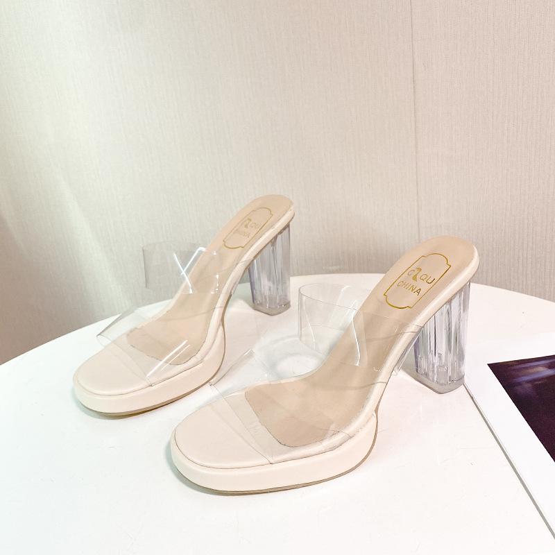 High-heeled slippers women's summer new one-word with PVC outer wear fashion crystal heel