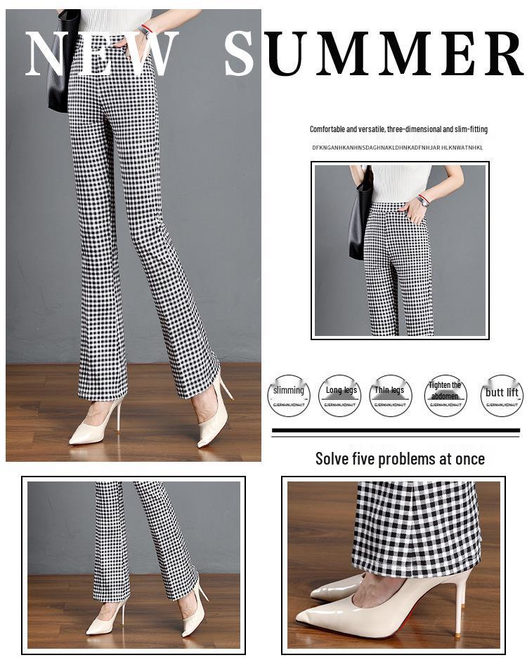 2024 Summer Women's Black & White Plaid Slim-Fit Stretchy Micro-Flare Pants with Elastic Waist