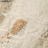 INCERUN Men Lapel Short Sleeve Lace Crochet Mesh Sheer Casual Loose Shirts Tops