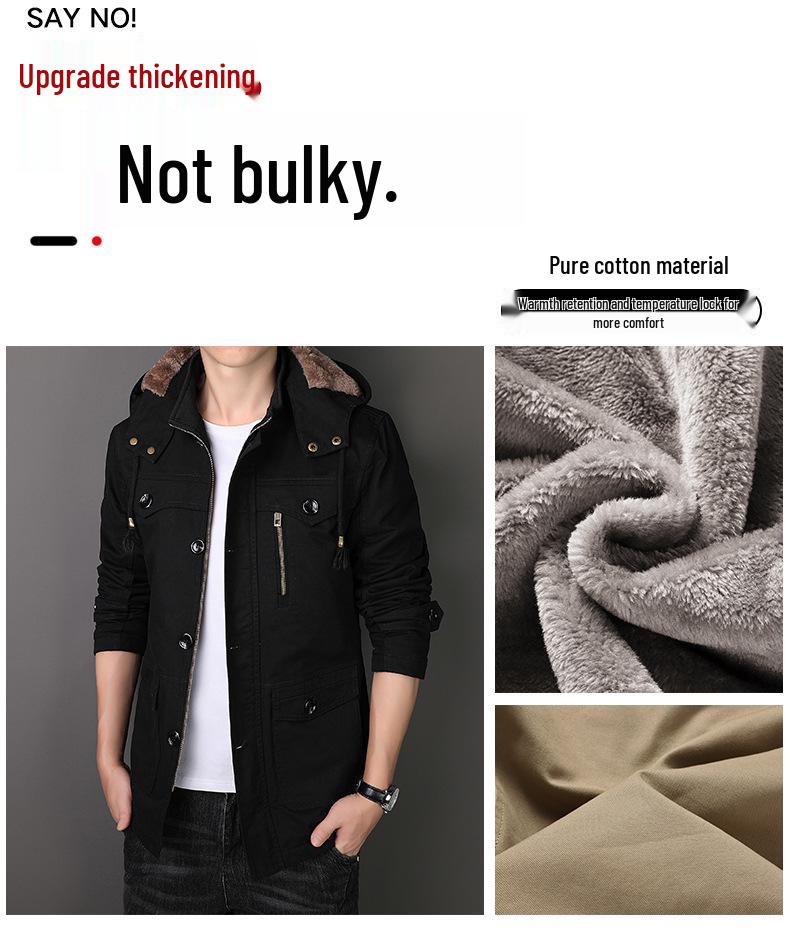 Men's Mid-Length Fleece-Lined Windbreaker: Warm Thick Cotton-Padded Hooded Jacket for Autumn & Winter