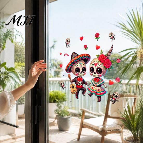 Mexican Skeleton Decals for Glass Halloween Cartoon Couple Window Stickers, Waterproof PVC Day of The Dead Static Decals, Traditional Style
