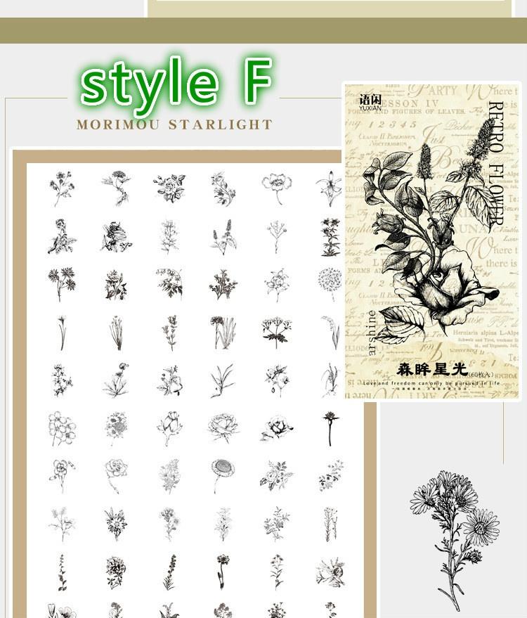 60 Pcs/pack Vintage Plants Floral Journal Decorative Stationery Stickers Scrapbooking DIY Diary Album Stick Label