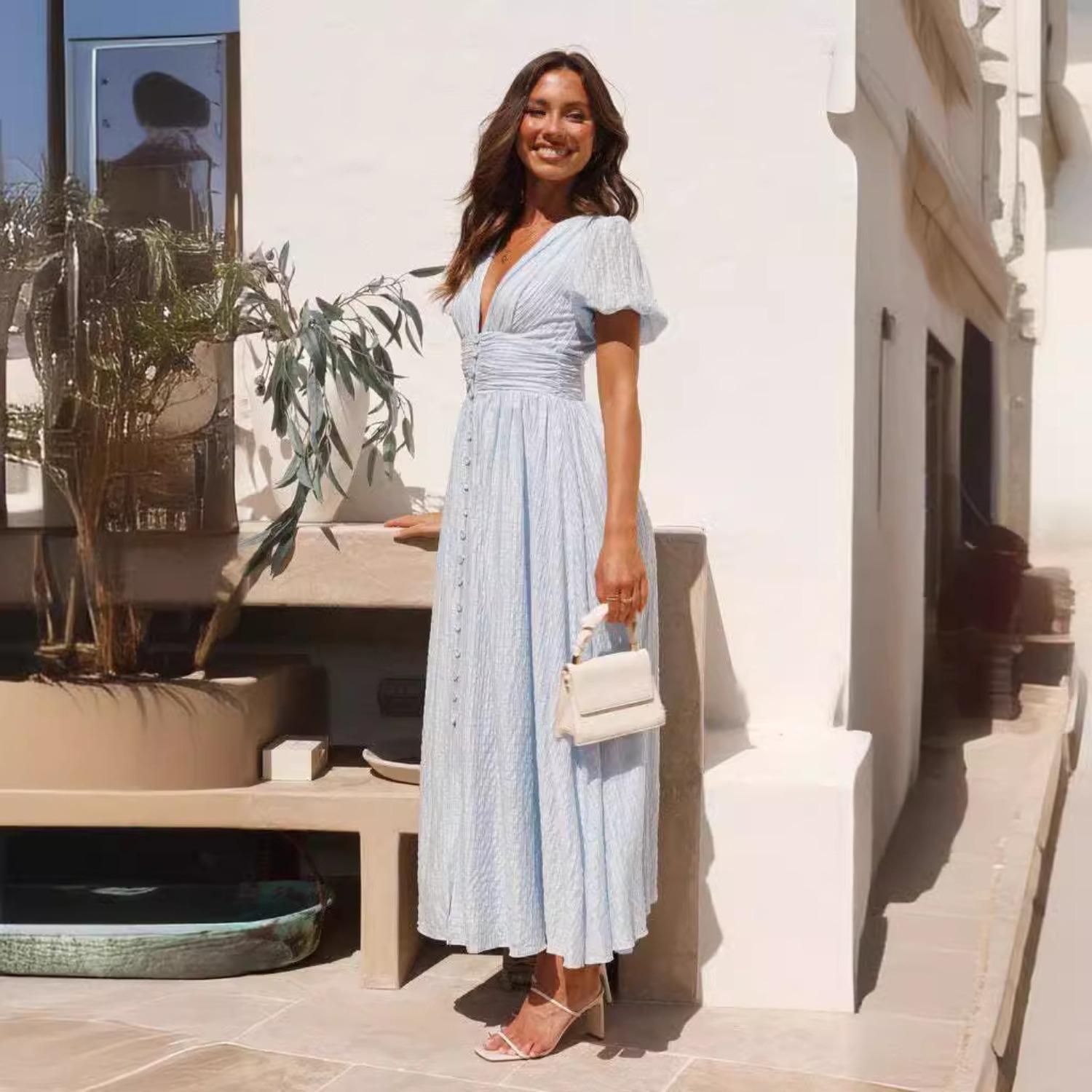 

2025 Новые модные тенденции платья весна-лето платья с принтом на талии модные женские S синий