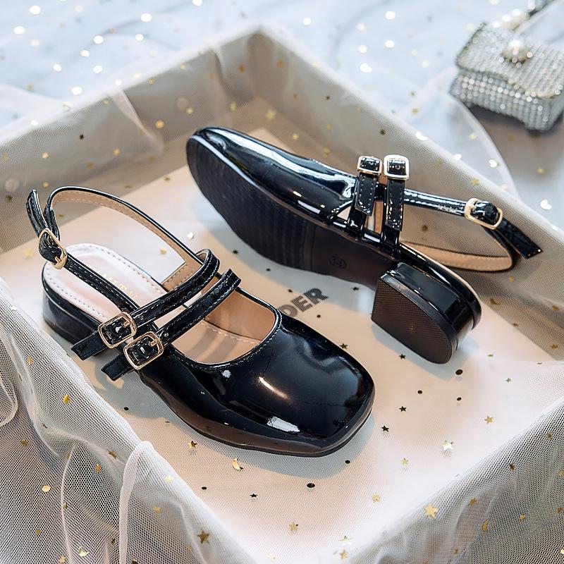 Girls' Princess High Heels2026New Performance Dress Retro Square-toed Shallow Buckle Strap Open-back Mary Jane Shoes