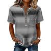 Women’s Striped Print Henley Neck Button Front Short Sleeve Cotton Linen Shirt with Chest Pocket Casual Fit Top