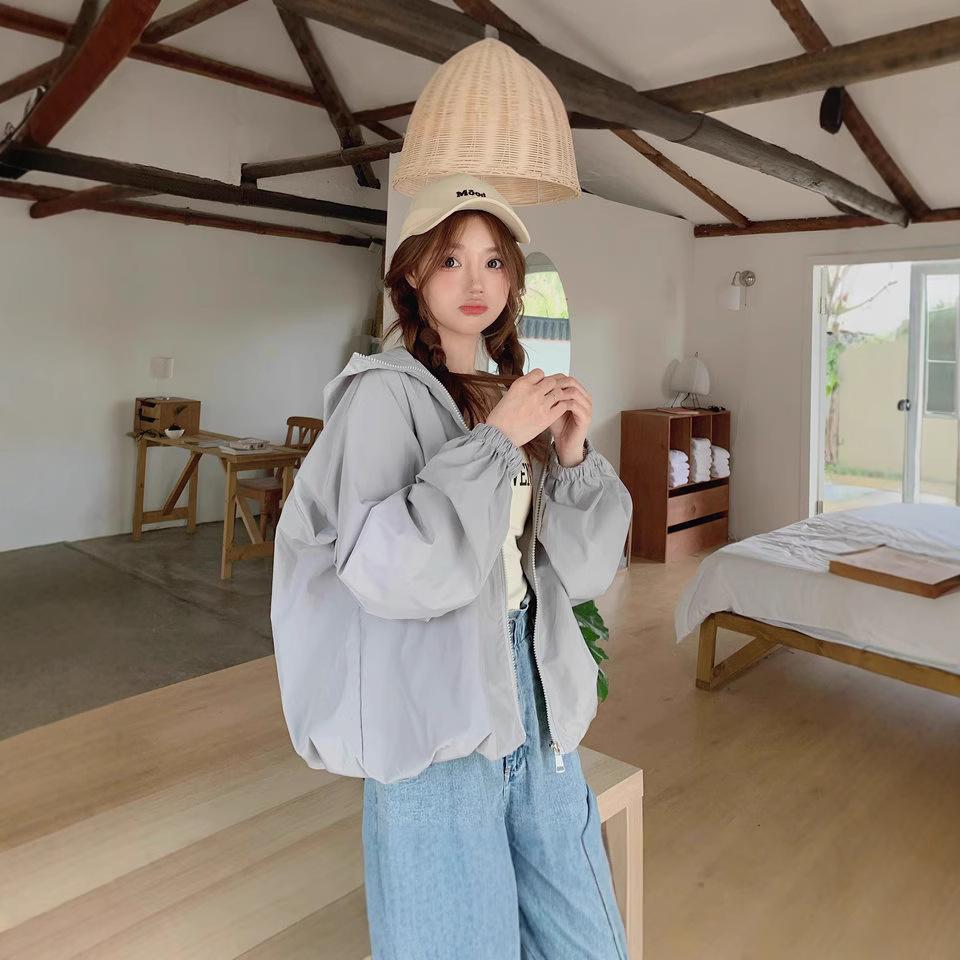 Spring Autumn Hooded Cropped Windbreaker Coat Women Design Casual Loose Jacket Top