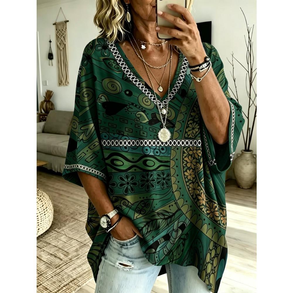 Printed Large Size Women's Abstract Flower Printed V-neck Bat-sleeve T-shirt, Lazy Style, Loose, Flesh-covering and Slimming Casual Top