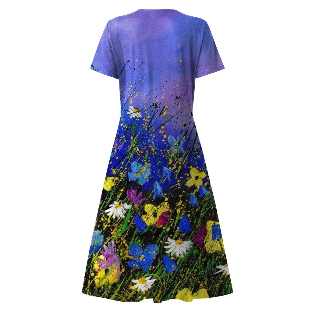 Women's Summer Casual Fashion Floral Print Short Sleeve V-Neck Swing Dress