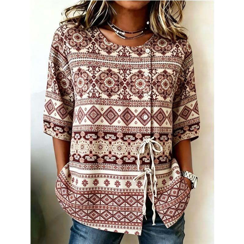 Women's Spring Summer Drawstring Blouse, Boho Aztec Geometric Print Casual Tops for Daily Street Holiday Dating & Leisure Outfit