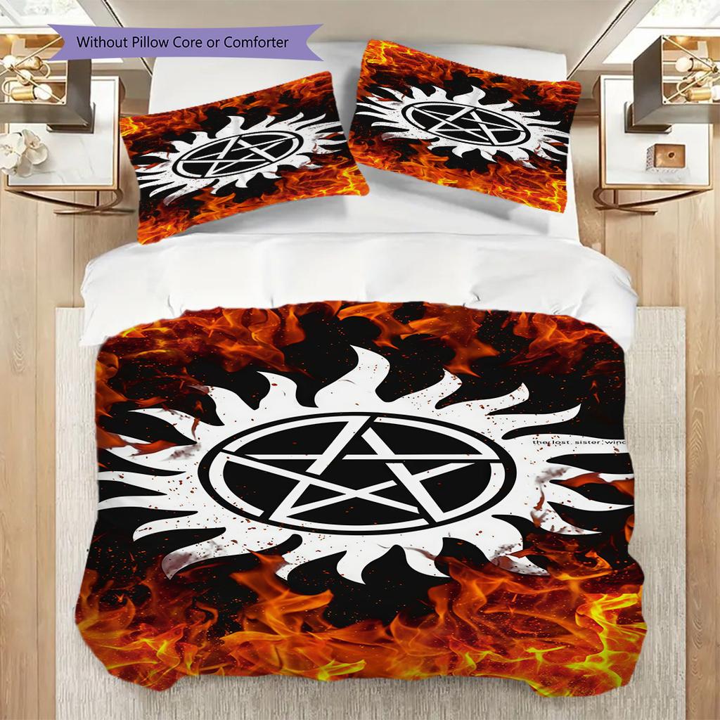 Supernatural Symbol Fire Background Threepiece Set 1 Duvet Cover 2 Pillowcase Without Core Christmas Birthday Gift