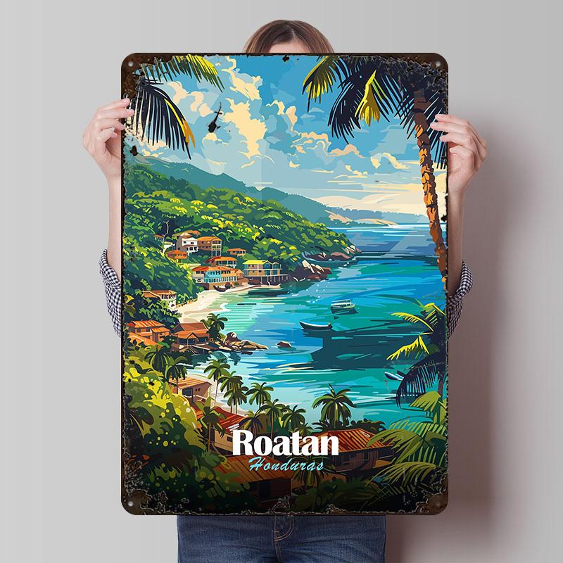 Roatan Honduras Tropical Coastline Art Tinplate Poster Customized Wall Art Vintage Metal Signs Retro Tin Plaque for Desk Decor 20x30cm(7.8x11.8inch)