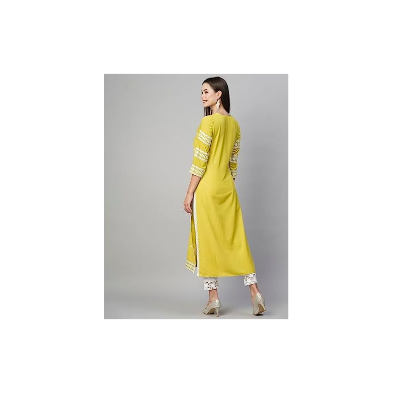 GoSriKi Women's Cotton Blend Chikankari Embroidered Straight Kurta (STHO-Yellow-GS_XL_Yellow_X-Large)