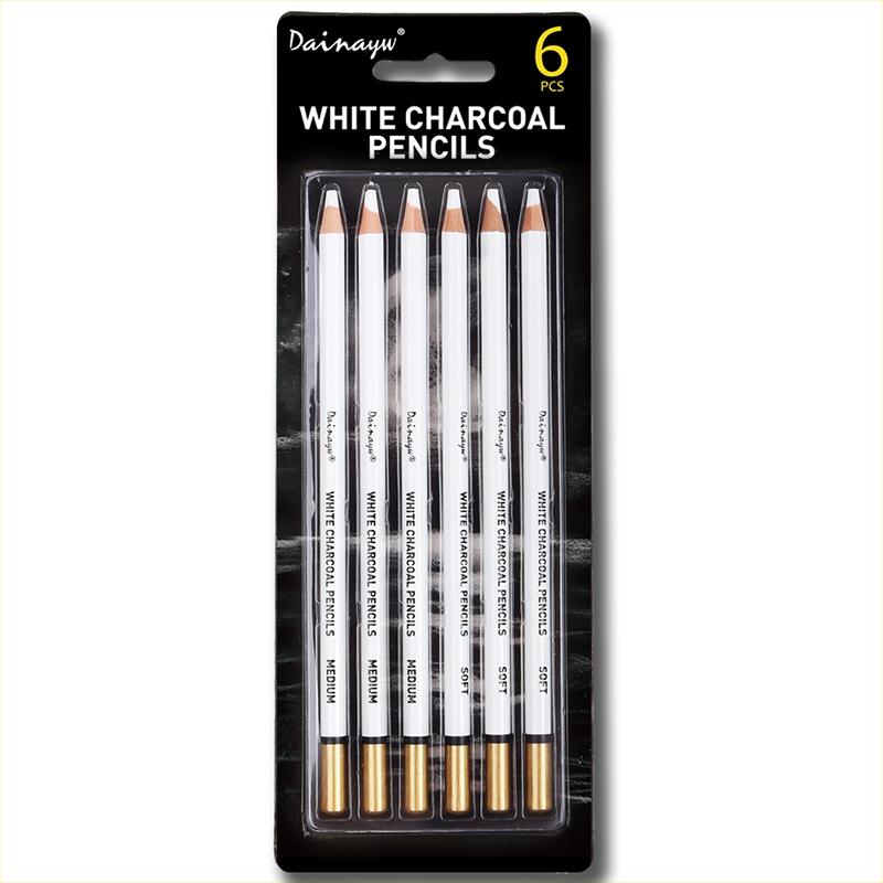 Dainayw White Charcoal Pencils 6 Pcs Smooth Soft Medium Sketch Pencil Drawing Set for Highlighting Blending