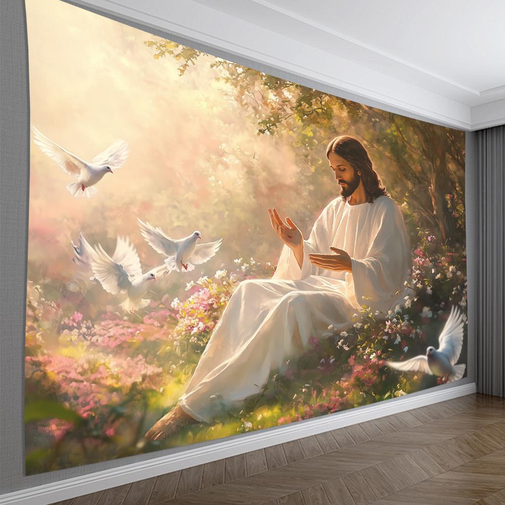 Jesus with Doves Tapestry Serene Garden Wall Art for Bedroom or Living Room Large Decorative Hanging Add Spiritual Peace