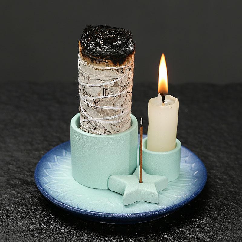 1pc Ceramic Incense Burner Set - 4-in-1 Handcrafted Incense Stick & Palo Santo Holder with Smudging Tray, Elegant Bohemian Decor