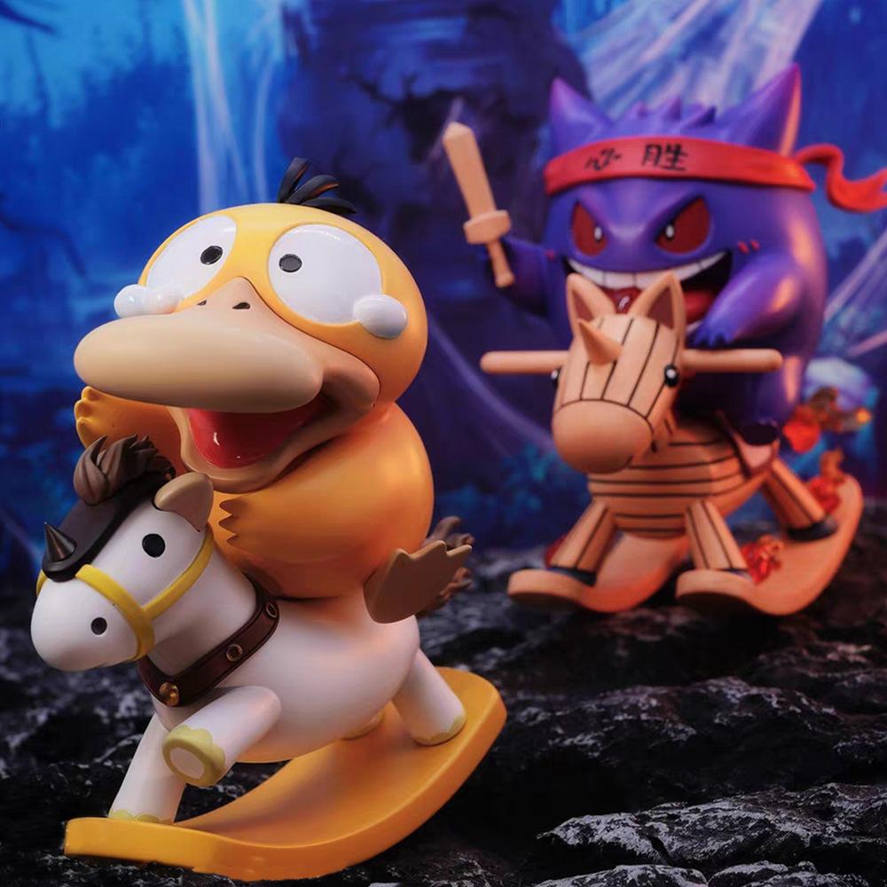 Pokemon Psyduck Gengar Riding a Rocking Horse Figure Toys 10cm