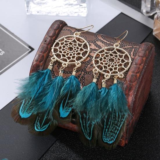 1 Pair Retro Bohemia Women Hook Earrings Feather Tassel Round Drop Earrings
