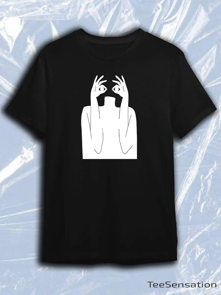 TeeSensation Black Crew Neck Short Sleeve T-Shirt with White Abstract Figure Hands Making OK Glasses Around Eyes Line Art Print