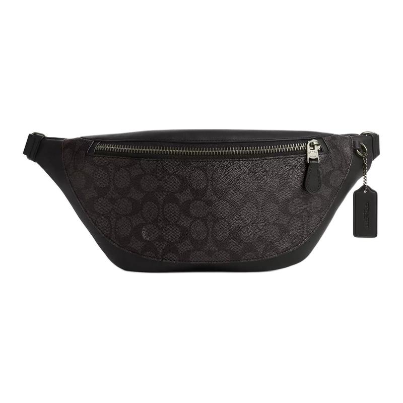 

COACH Warren 40 classic old flower printed zipper closure coated canvas waist bag large size men s walnut color with black чорний