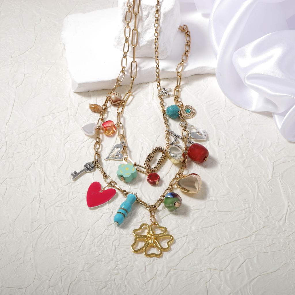 Unique Creative Design Sense Double Layer Stacking Wear a Variety of Alloy Dripping Oil Geometric Love Pendant Chain Necklace