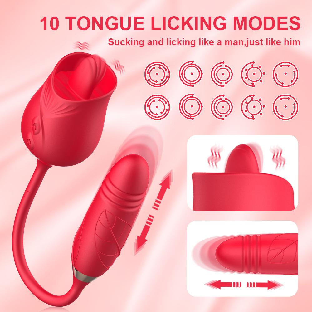 Rose Vibrator 10 Speed Thrusting Dildo Clit Nipple Oral Pussy Licking Clitoris Stimulator