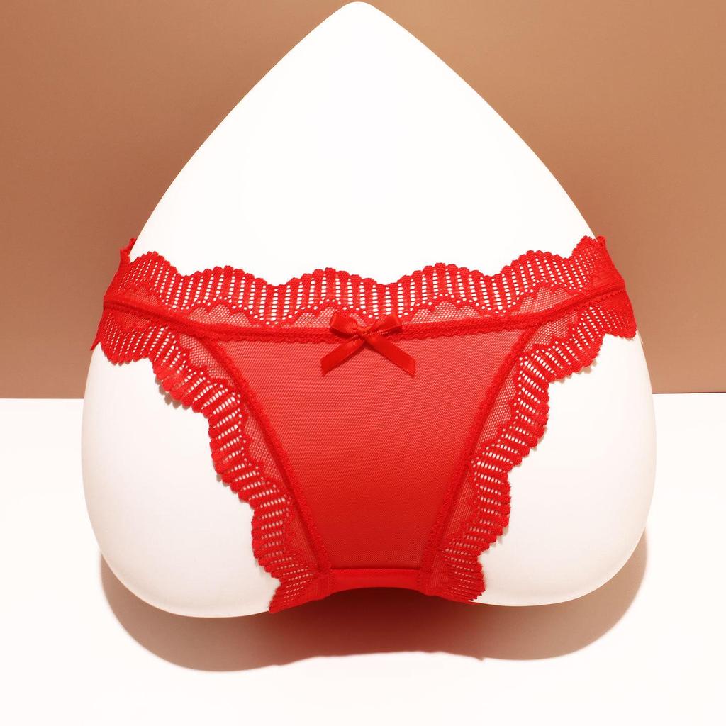 Women's Red Lace Mesh Low-Rise Quick-Dry Triangle Panties for Temptation and Auspicious Wedding