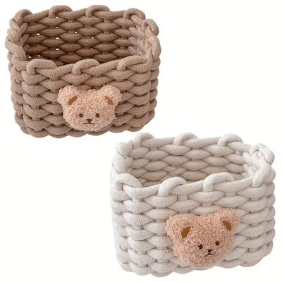 2pcs Cute Little Bear Small Storage Decorative Basket Rope Woven Shelf Basket for Little Items, Cute Box Organize, Shelf Baskets
