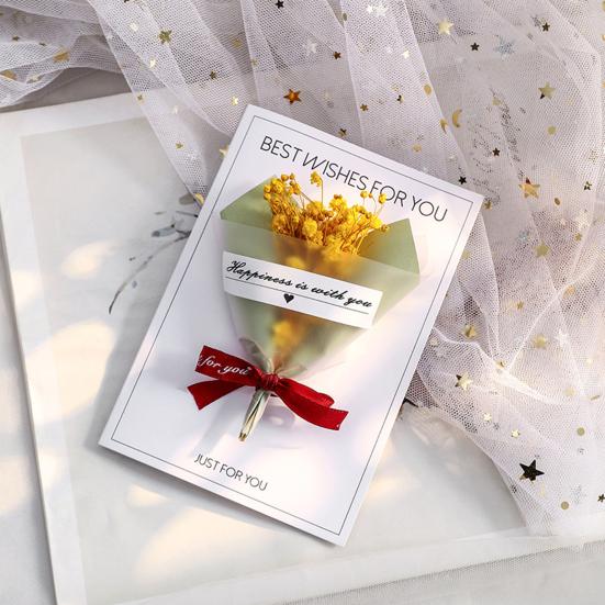Handmade Mini Flower Bouquet Greeting Card Dried Baby's Breath/Sunflower/Soap Rose Flower Gift Card for Valentine's Day Spring Mother's Day Wedding