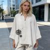 Women Shirt Lapel Buttons Half Placket Batwing Long Sleeve Shirt Tops Loose Fit A-Line Dandelion Print Casual Tops
